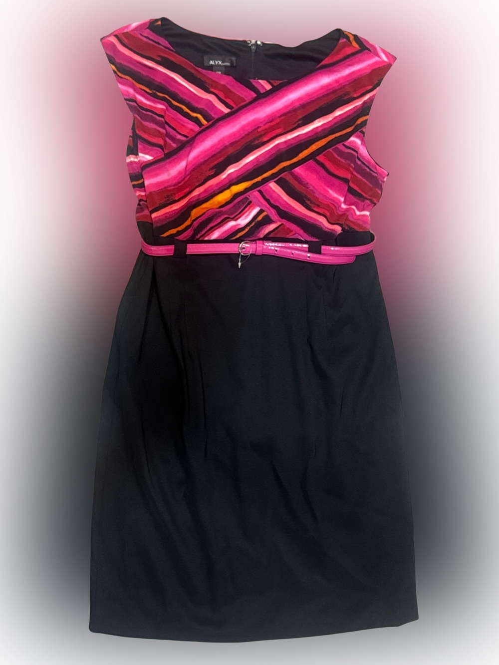 Alyx Sleeveless Pink Patterned Top with Black Skirt Dress & Pink Belt